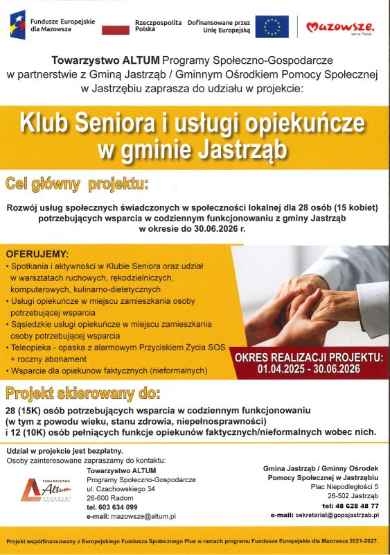 ulotka Klub Seniora i usługi opiekuńcze w gminie Jastrząb (skan - treść w załączeniu )